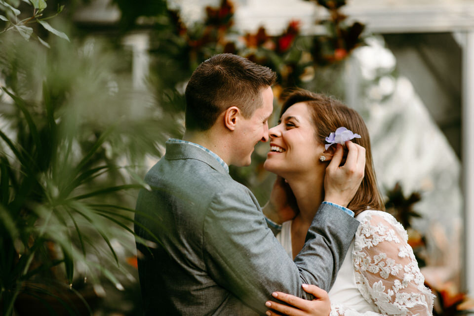 couple laughing during engagement photos 